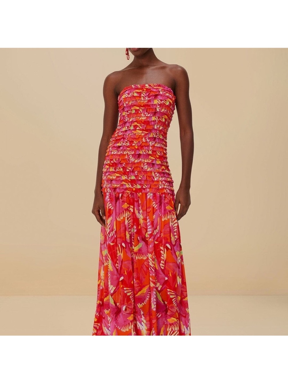 Farm Rio - NWT- Orange Flying Birds Strapless Smocked Maxi Dress - Picture 8 of 15